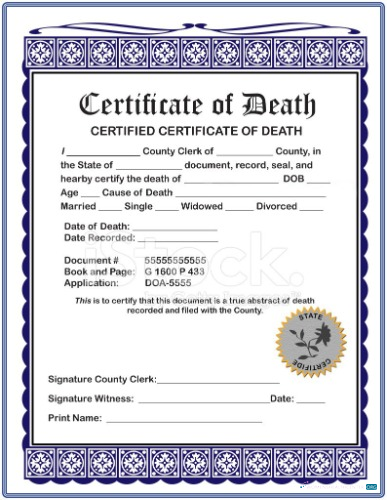 Download Certified certificate of death Photoshop template